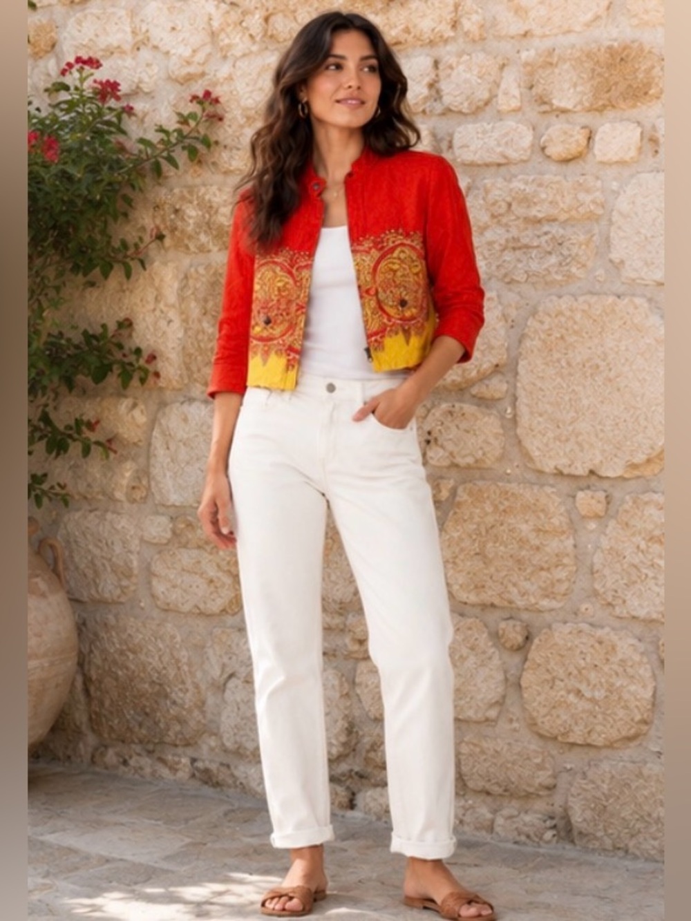 Anthracite Womens Red Yellow Paisley Medallion Cropped Zip‎ Jacket Small Boho